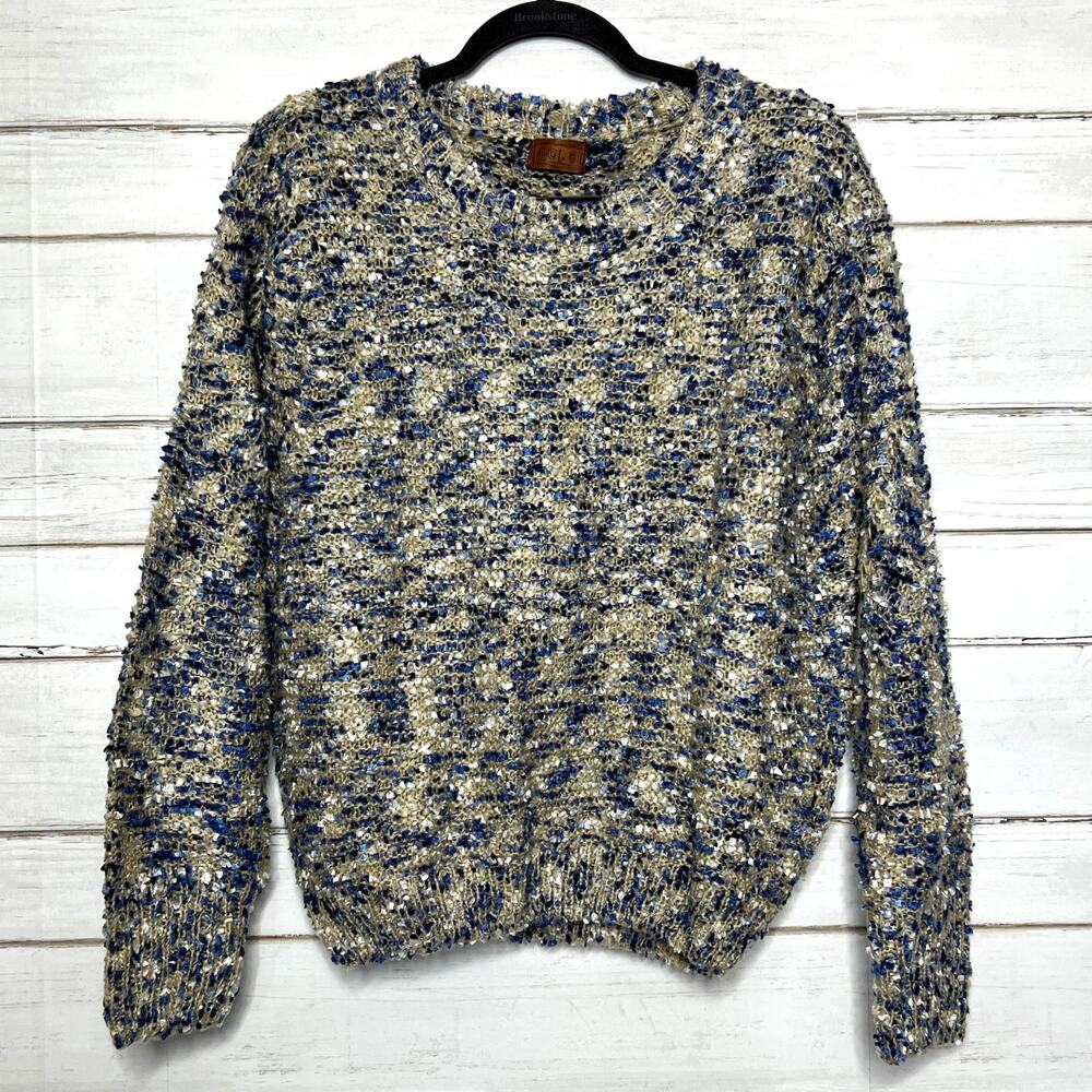 POL Textured Knit Sweater Blue Beige Chunky Boho Cozy Pullover Size Small